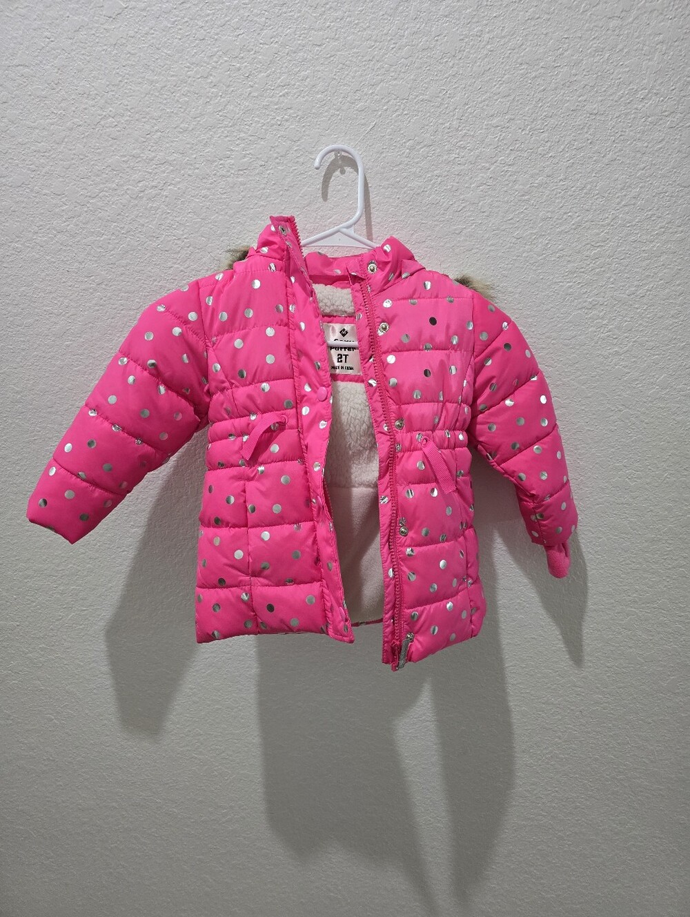 Cozy Puffer 2T Pink Polka Dot Sherpa-Lined Coat